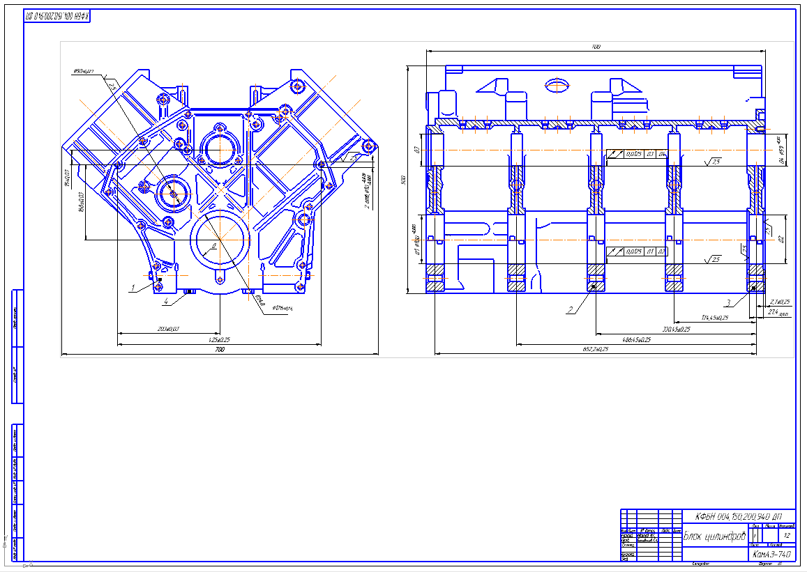 Чертеж Блок ДВС КамАЗ-740