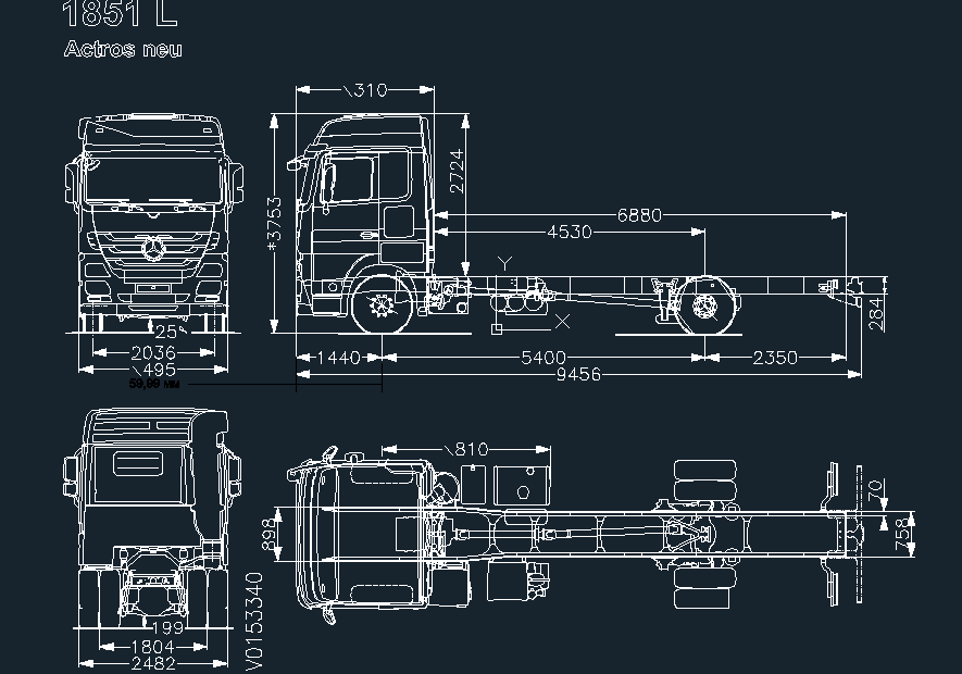 Чертеж Габаритный чертеж автомобиля Actros 1851 LS