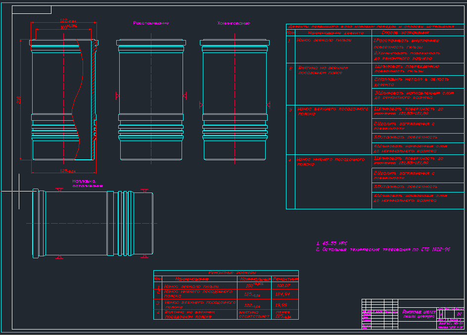 Чертеж Ремонтый чертёж гильзы цилиндра Зил-130