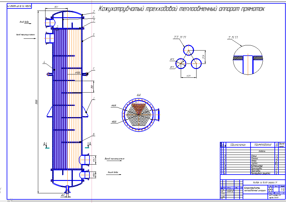 Чертеж Кожухотрубчатый трехходовой теплообменный аппарат прямоток