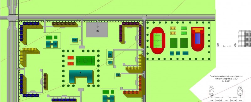 Чертеж Генплан микрорайона на 13400 жителей
