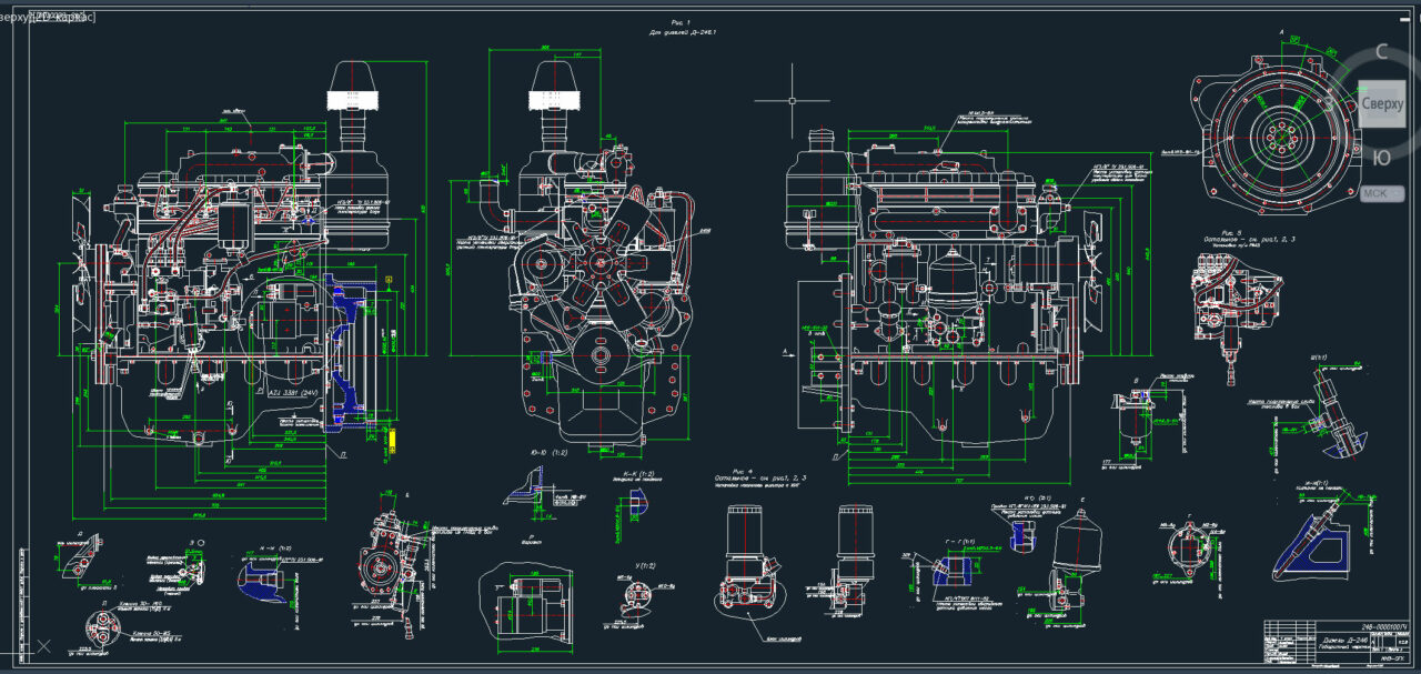 Чертеж Габаритный чертеж дизельного двигателя ММЗ Д-246