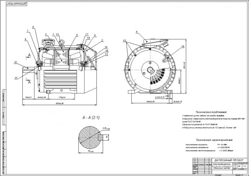 Чертеж Электродвигатель асинхронный трёхфазный - дипломный проект ВГТУ
