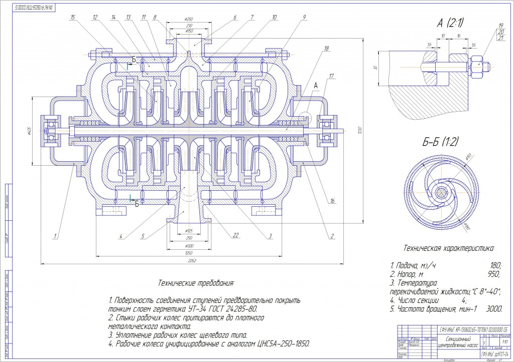 Чертеж Секционный центробежный насос ЦНС 180-950 Курсовой проект