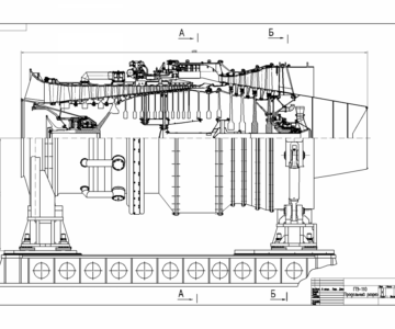 Чертеж Продольный и поперечный разрез газотурбинного двигателя ГТД-110