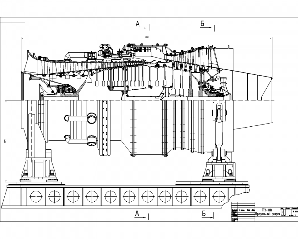 Чертеж Продольный и поперечный разрез газотурбинного двигателя ГТД-110