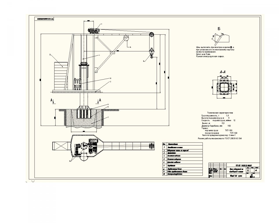 Чертеж Чертеж поворотного крана с неподвижной колонной Q=1,6т