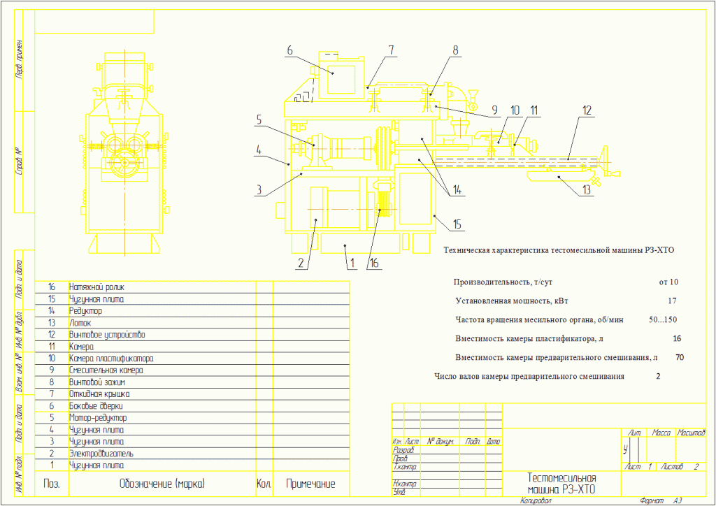 Чертеж Структурно-апаратурная схема тестомесильной машины РЗ-ХТО