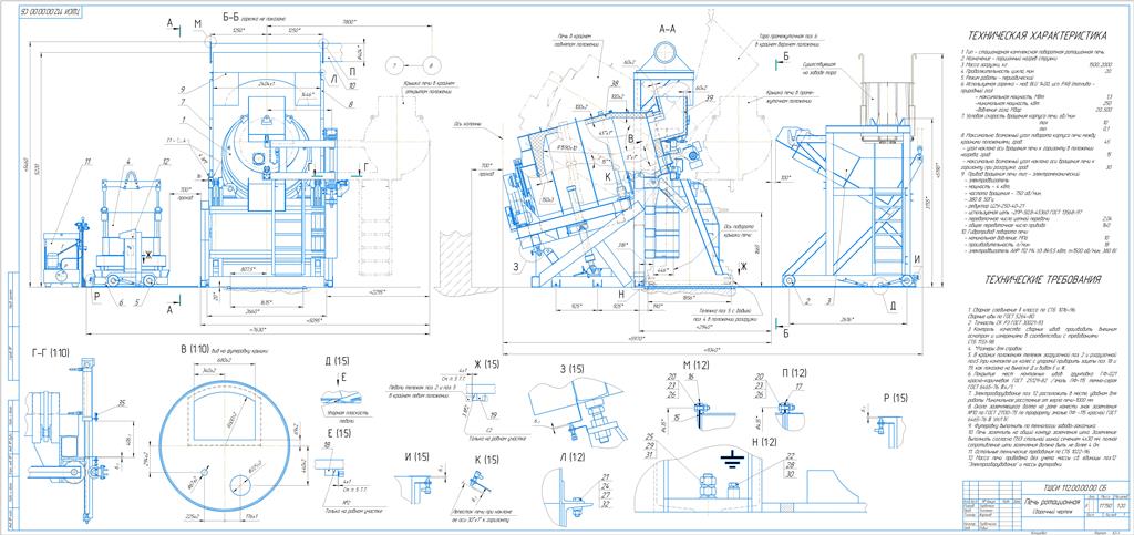 Чертеж Печь ротационная, поворотная для нагрева стружки, масса загрузки 2 т. Сборочный чертёж
