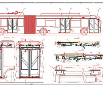 Чертеж Трехосный троллейбус. Установка дверей трехосного троллейбуса.