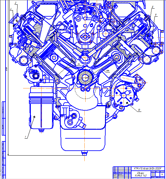 Чертеж Чертеж поперечного разреза двигателя КАМАЗ-740