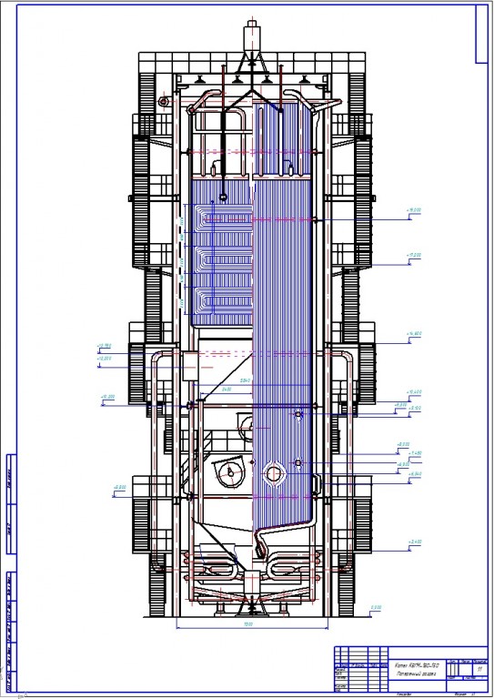 Чертеж Котел КВГМ-180-150 продольный и поперечный разрез