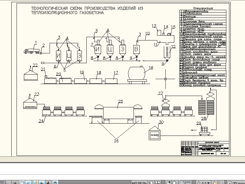 Чертеж Технологическая схема производства изделий из теплоизоляционного газобетона