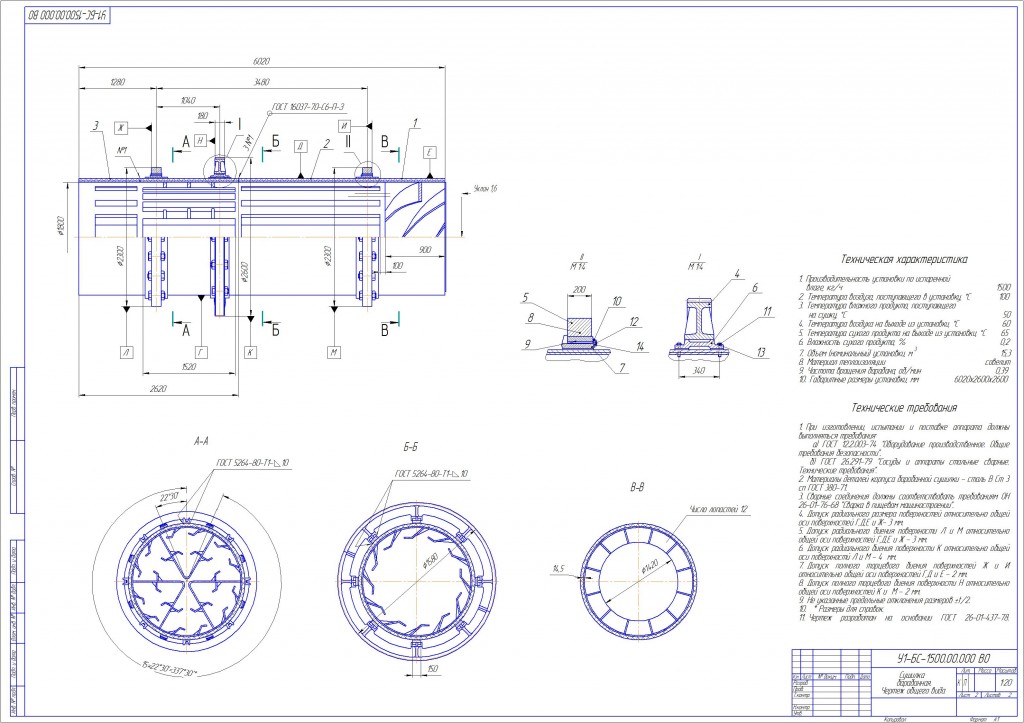 Чертеж Сушилка барабанная производительностью 1500 кг/ч (КП)