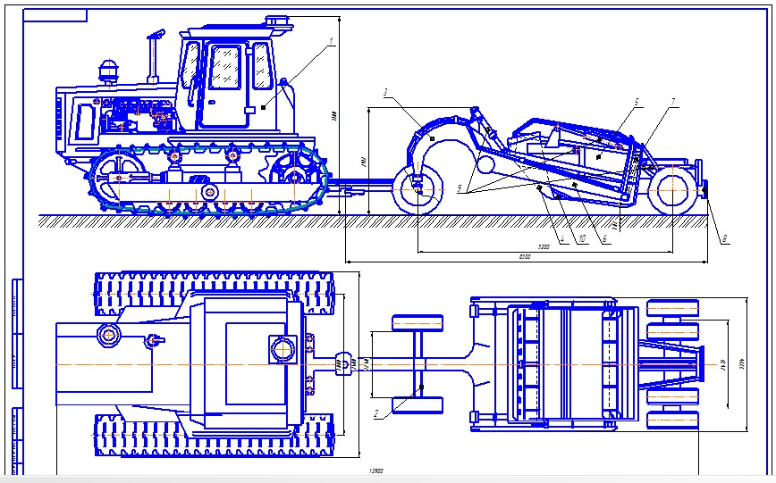 Чертеж Прицепной скрепер. Тягач  Т-130