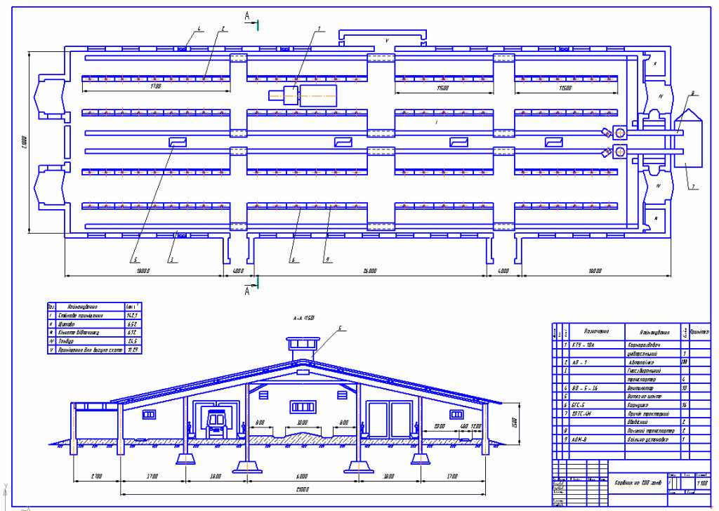 Чертеж План и разрез коровника