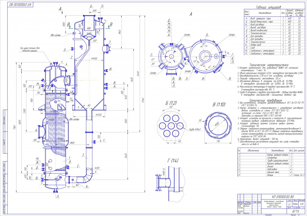 Чертеж Расчет Выпарного аппарата с естественной циркуляцией и вынесенной греющей камерой S=125