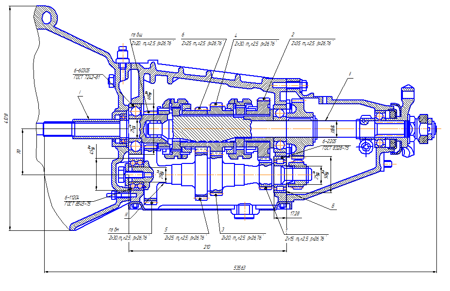 Чертеж Определить тягово-динамические свойства автомобиля и спроектировать трансмиссию автомобиля с подробной разработкой конструкции 4-х ступенчатой коробки передач