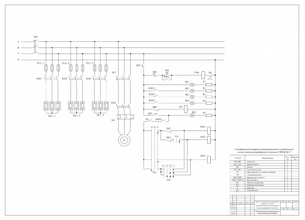 Чертеж Принципиальная электрическая схема электрокалориферной установки СФОЦ 40/1Т