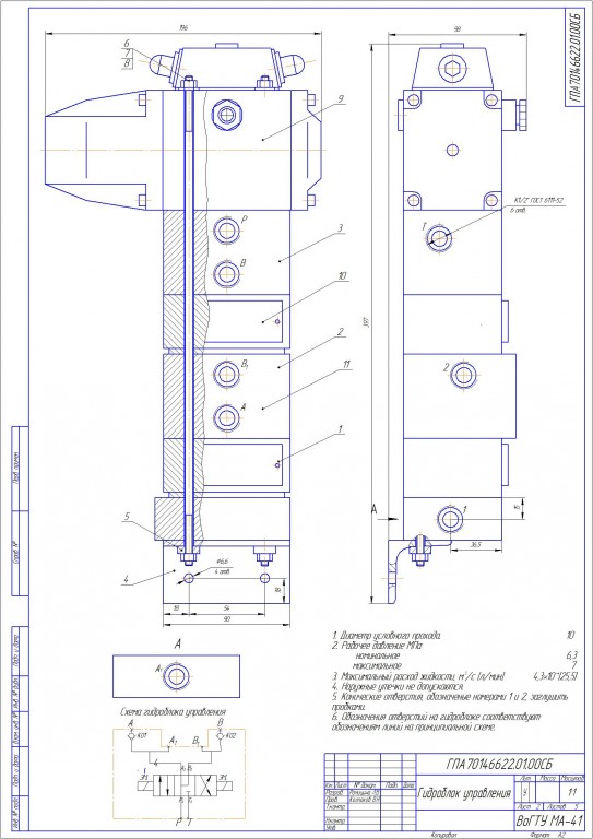 Чертеж Гидроблок управления  (ГБУ)