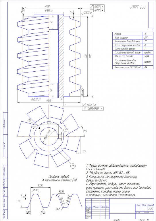 Чертеж Чертеж червячной фрезы m=16