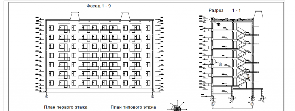 Чертеж 6-этажный 2-х секционный кирпичный жилой дом