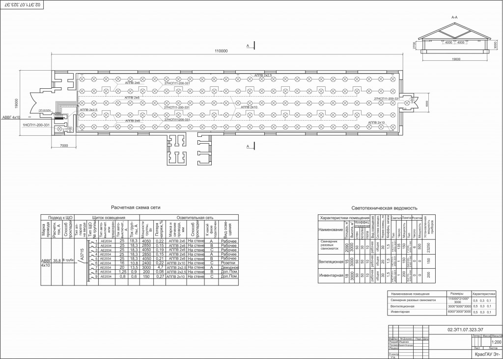 Чертеж Электрическое освещение свинарника разовых свиноматок