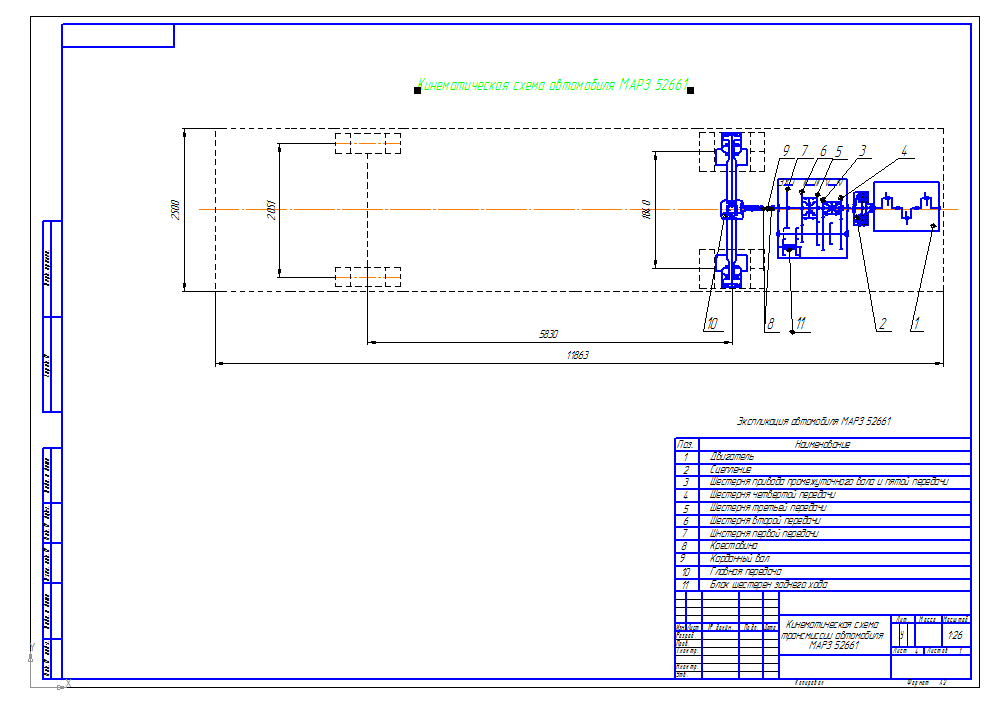 Чертеж Кинематическая схема трансмиссии МАРЗ 52661