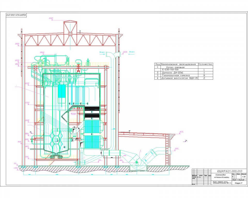 Чертеж Компоновка котельной ячейки с котлом Е-230-9,8-510