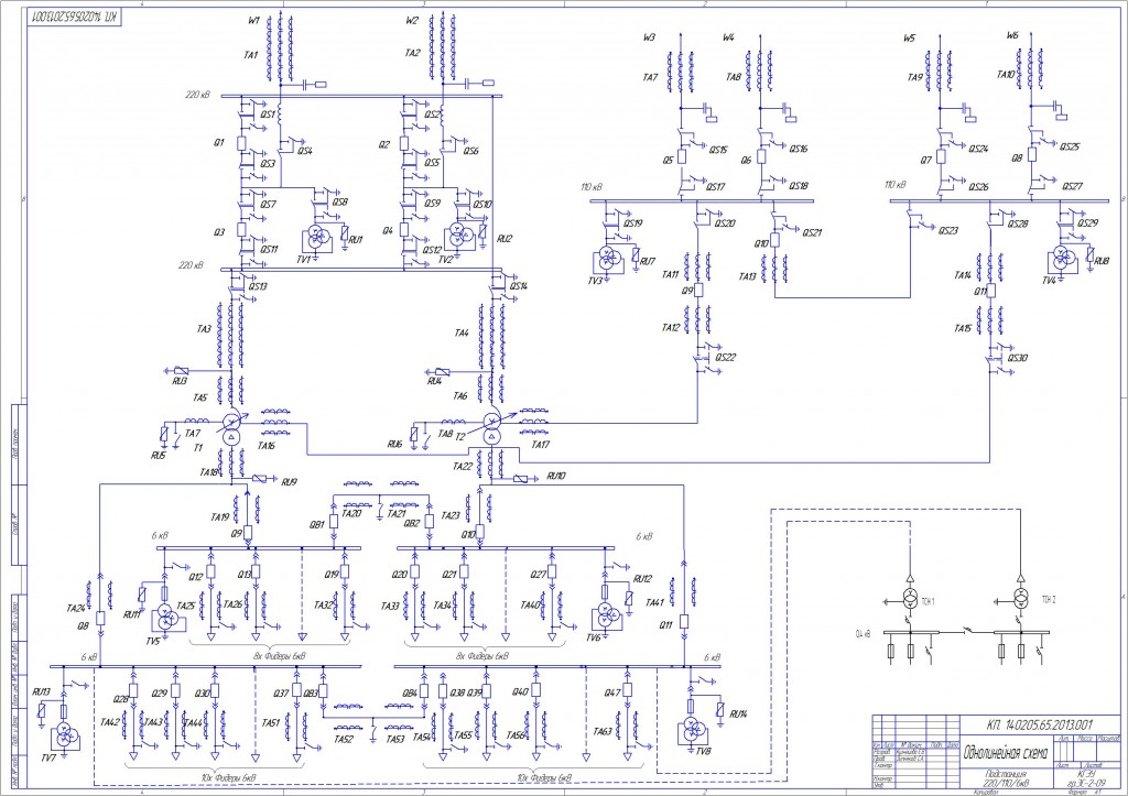 Чертеж Расчет подстанции 220/110/6кВ и однолинейная схема