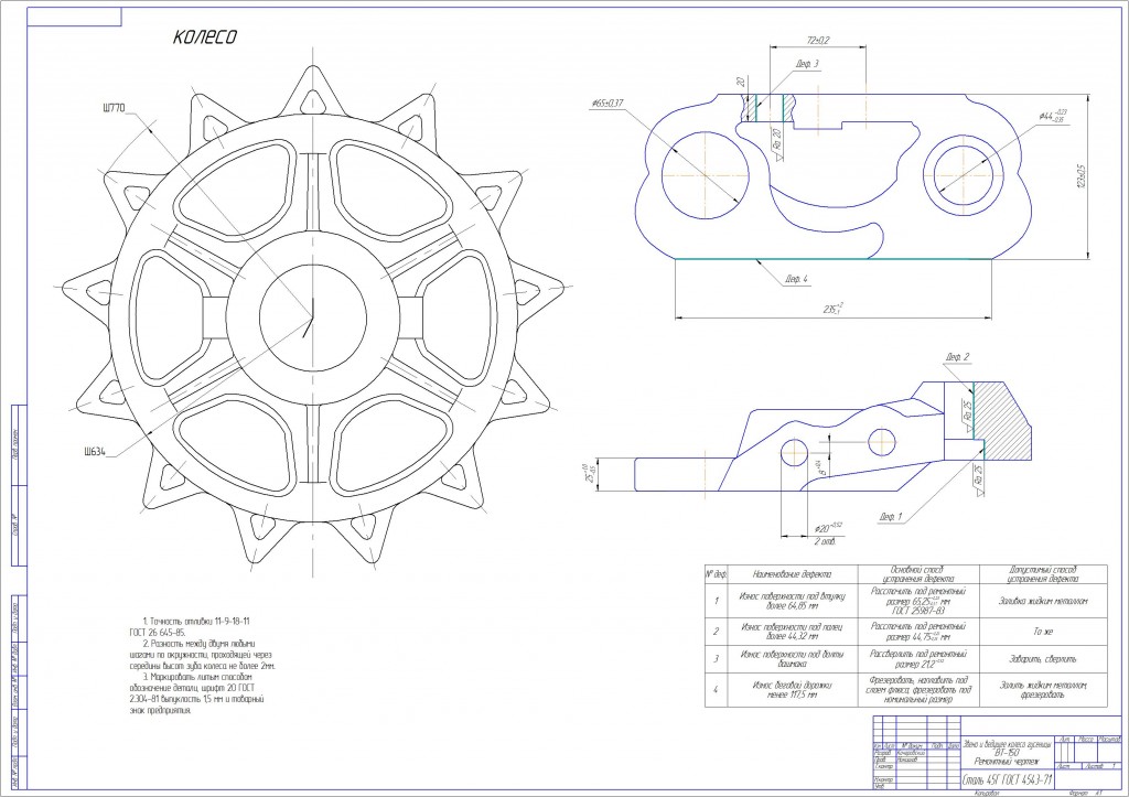 Чертеж Звено и ведущее колесо гусеницы  ВТ-150