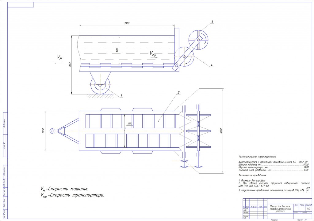 Чертеж Разбрасыватель. Машина для внесения  твердых органических  удобрений