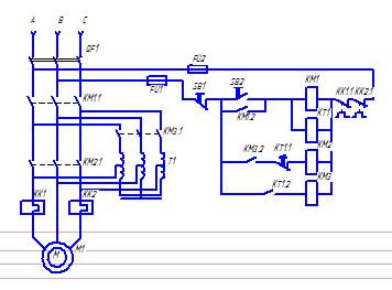Чертеж Схема пуска асинхронного двигателя в приводе через автотрансформатор