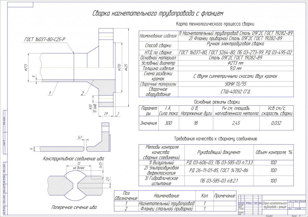 Чертеж Сварка трубопровода с фланцем