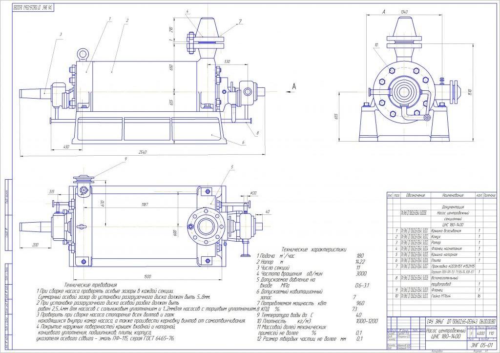 Чертеж Насос центробежный ЦНС 180-140