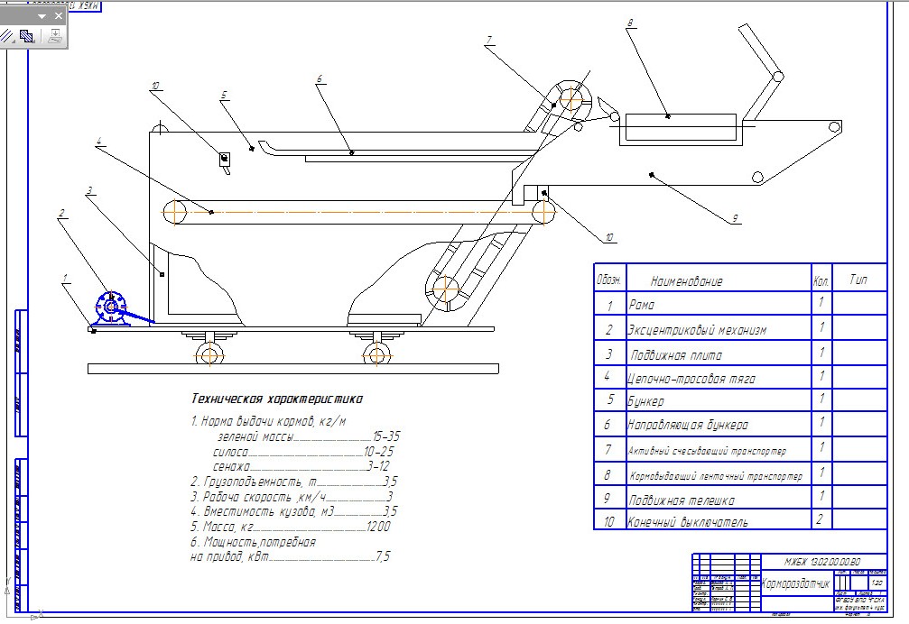 Чертеж Механизация раздачи кормов с разработкой эксцентрикового механизма кормораздатчика