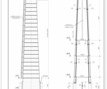 Чертеж Чертеж кирпичной дымовой трубы высотой 45 м и газоходов