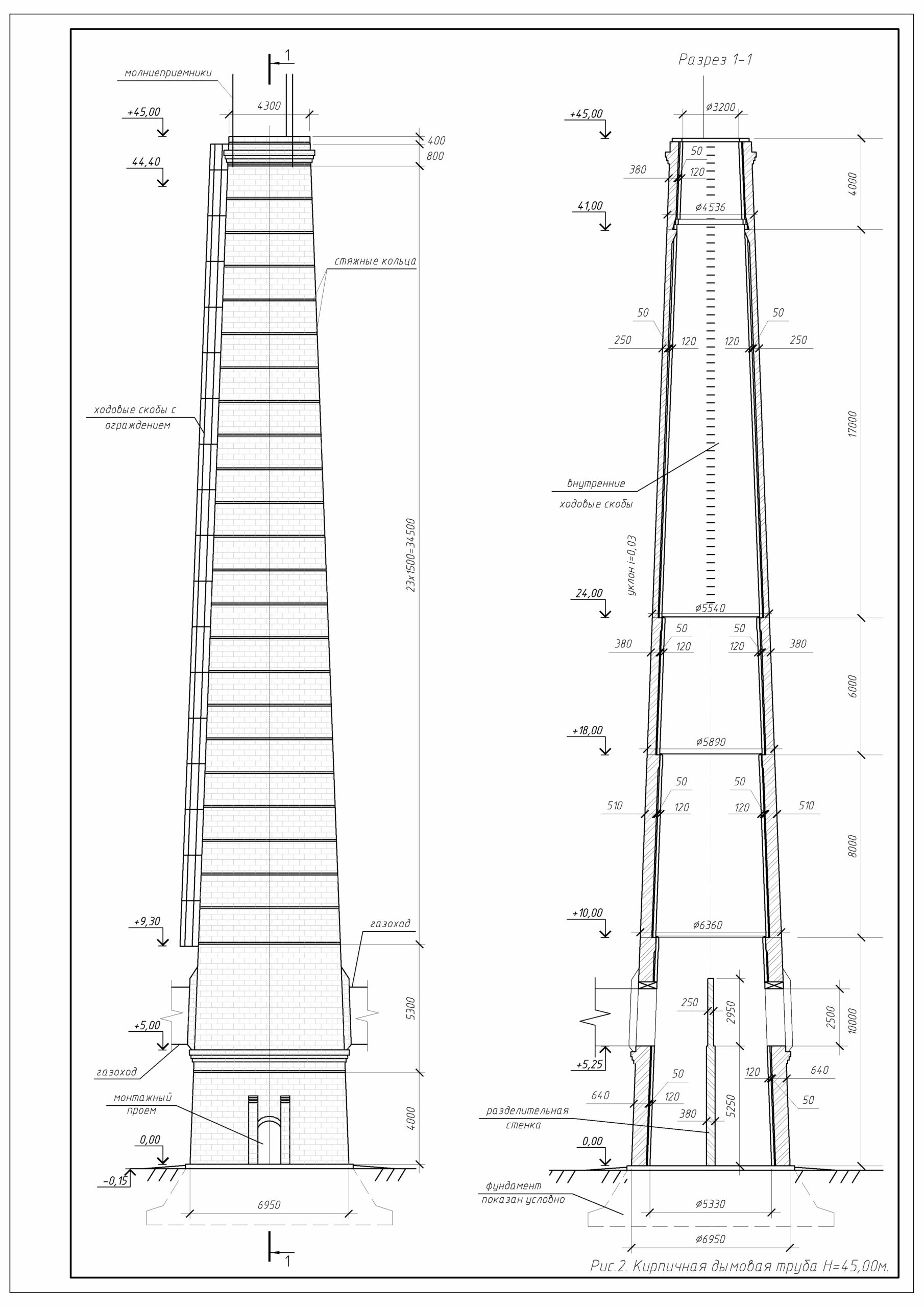 Чертеж Чертеж кирпичной дымовой трубы высотой 45 м и газоходов