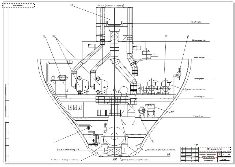 Чертеж Общее расположение механизмов в МКО танкера типа "Победа"