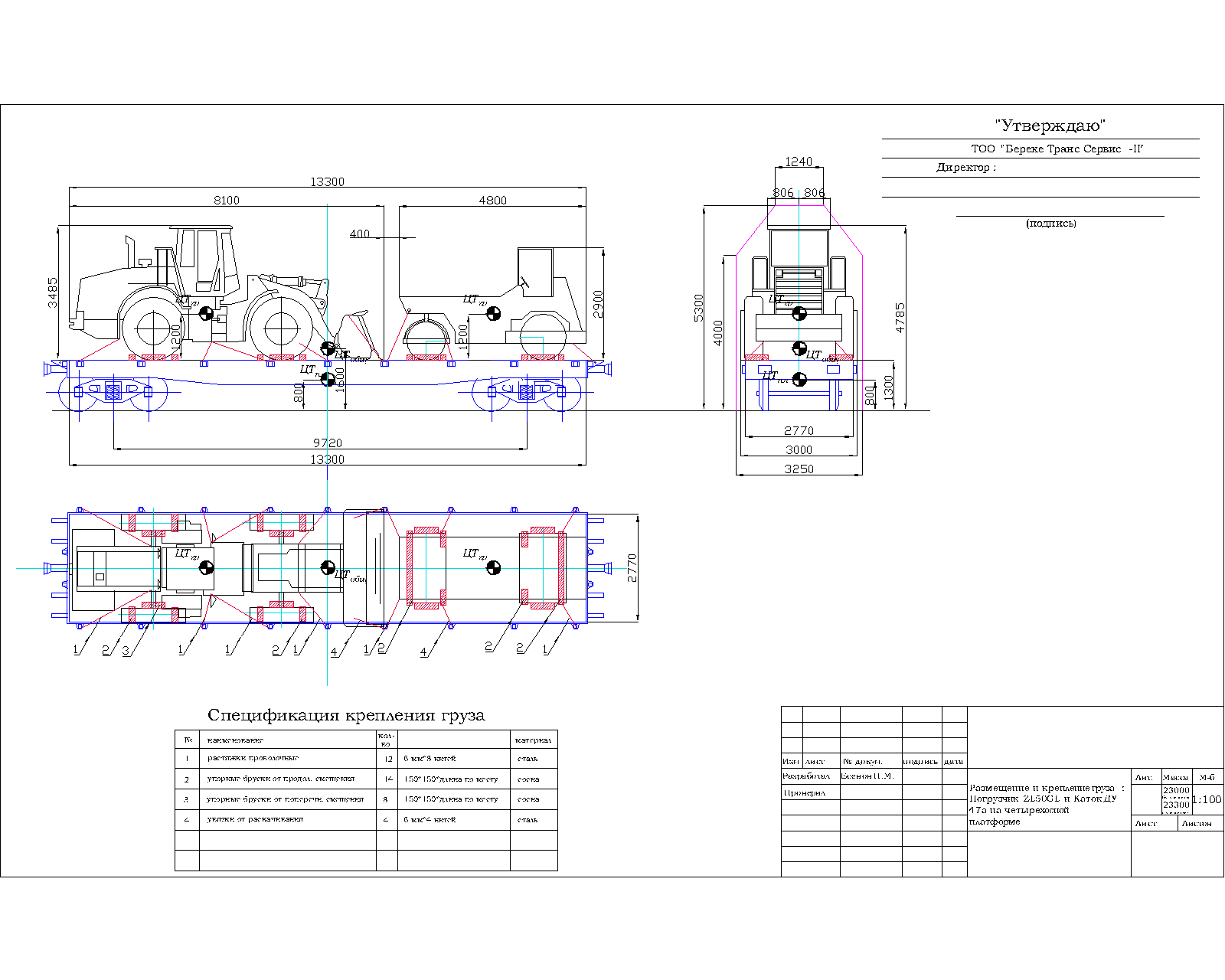 Чертеж Размещение и крепление груза: Погрузчик ZL50GL и Каток ДУ 47a на четырехосной платформе