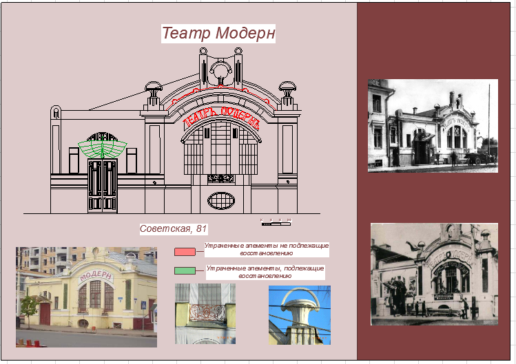 Чертеж реконструкция фасада здания театра модерн в городе тамбове