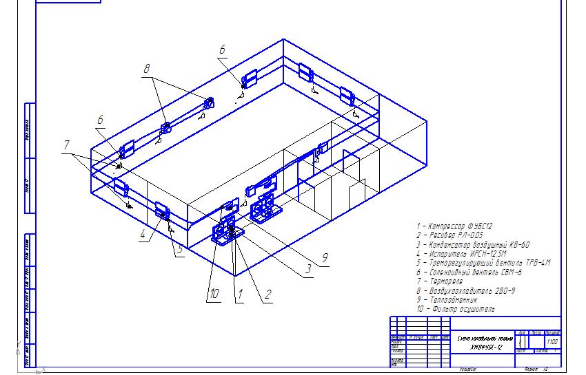 Чертеж Распределительный холодильник вместимостью 300 тонн с компрессором ФУБС12