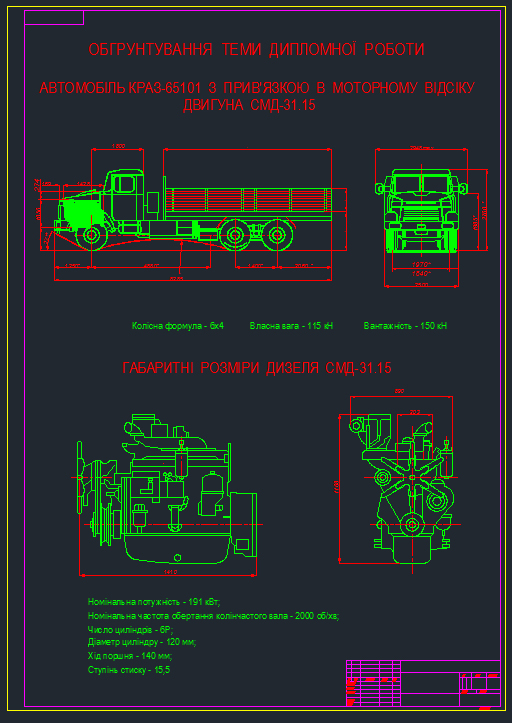 Чертеж Оценка возможностей использования двигателя СМД СМД-31.15 с целью повышения эксплуатационных показателей атомобилей типа КрАЗ-6125С