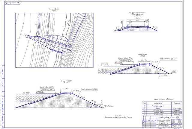Чертеж Водохранилещный гидроузел  с грунтовой плотиной на реке Каменка