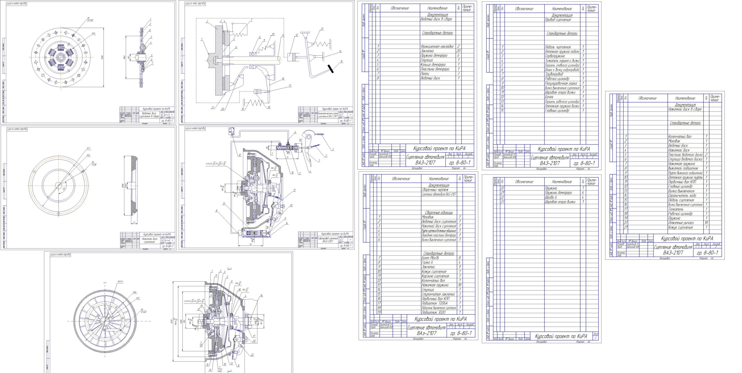 Чертеж Курсовой проект Конструирование и расчет фрикционного сцепления автомобиля ВАЗ-2107
