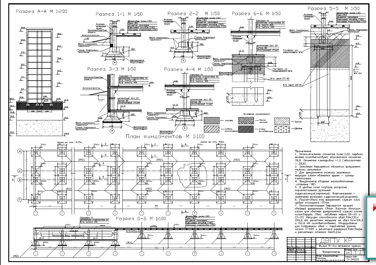 Чертеж Расчет и конструирование фундаментов ( выбор типа фундаментов) 9ти этажного жилого здания.