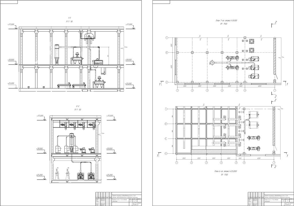 Чертеж План подготовительного отделения мельницы 6-7 этаж
