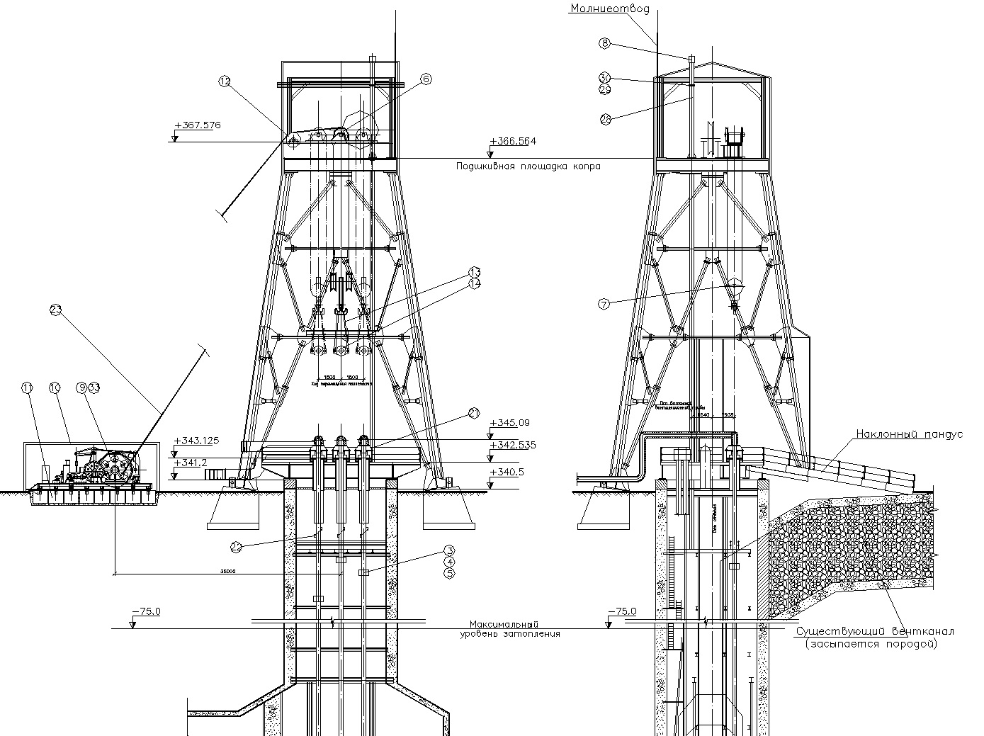Чертеж Вертикальный ствол с расположением технического оборудования