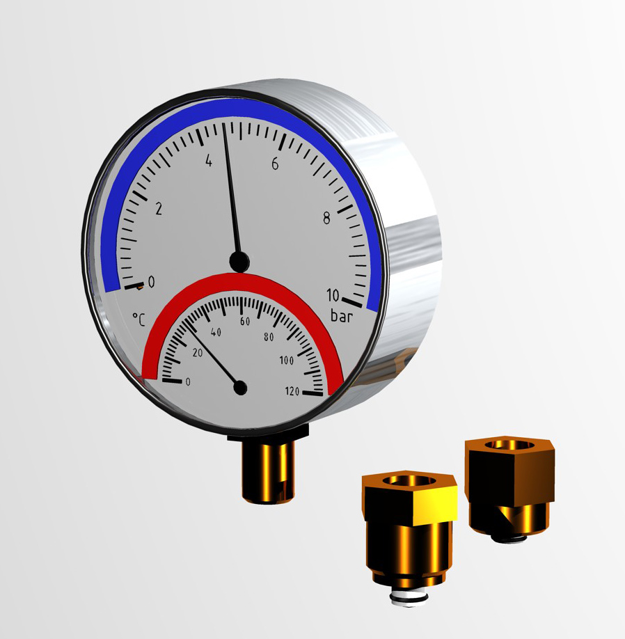 3D модель Термоманометр радиальный Watts TMRA 10, 0..120 °С, 0..10 бар с клапаном REM