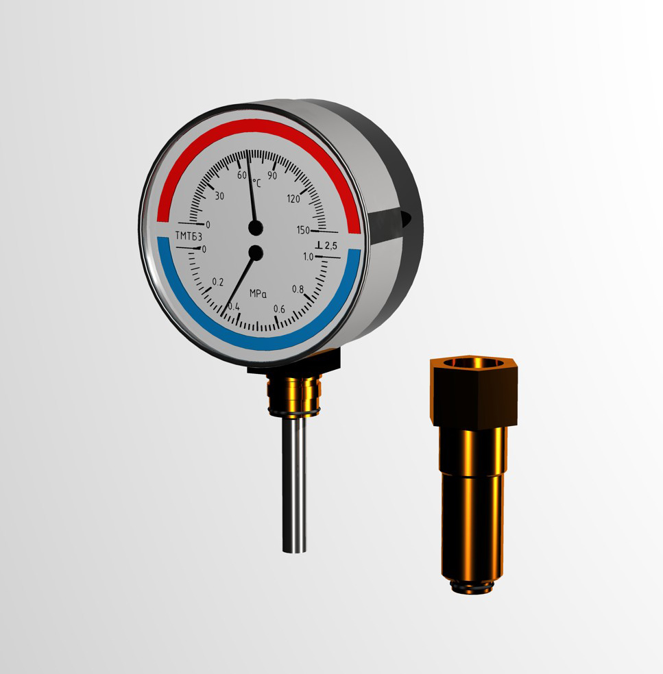 3D модель Термоманометр радиальный Росма ТМТБ 3 1 Р1 (0-150°С), (0-1 МПа) с погружной гильзой 1/2" L=46 мм